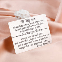 Load image into Gallery viewer, Gifts for Son from Mom to My Son Birthday Christmas Gifts Wallet Card for Him Son I Love You Engraved Inserts Card Valentines Graduation Anniversary Inspirational Back to School Gifts for Kids Boys
